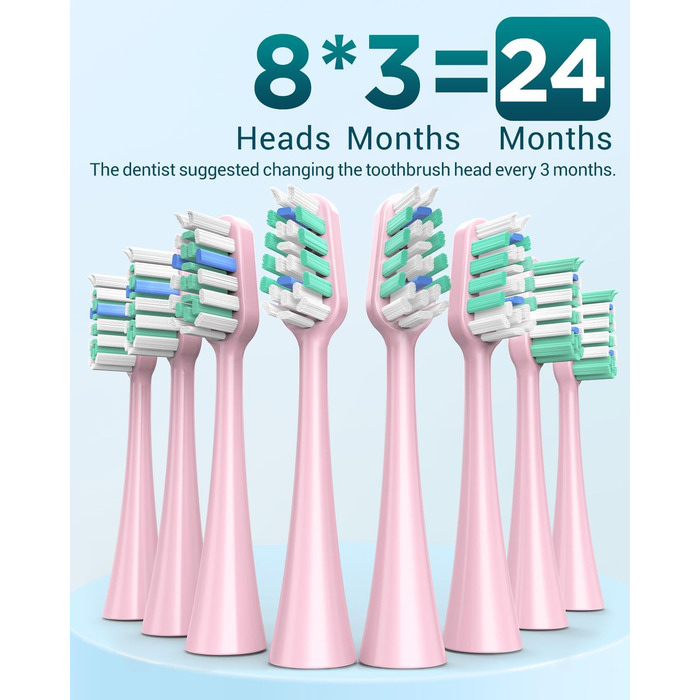 Електрична звукова зубна щітка для дорослих та дітей, 8 насадок, 5 режимів, водонепроникна IPX7, рожева