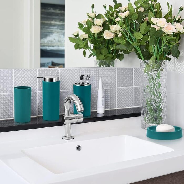 Комплект аксесуарів для ванної кімнати 6tlg Badset: органайзер, дозатор мила, стаканчик для зубної щітки, відро для косметики, щітка для унітазу з тримачем, мильниця, сміттєвий бак, тримач для зубних щіток, повна ванна кімнатна гарнітура (темно-бірюзовий 