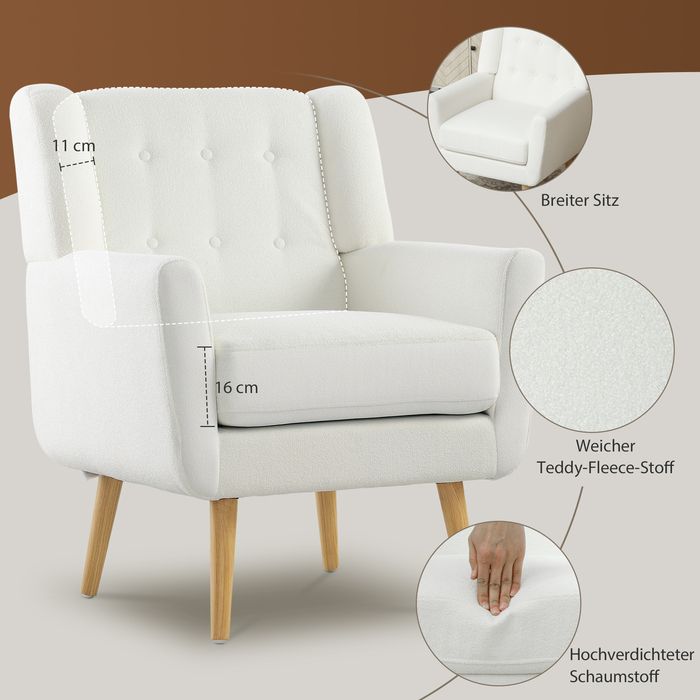 HOMCOM Armchair Living Room Wingback Chair Upholstered Tufted Lounge Chair Recliner with Teddy Fleece Look, Wooden Legs, Upholstered Chair for Bedroom, White | Aosom