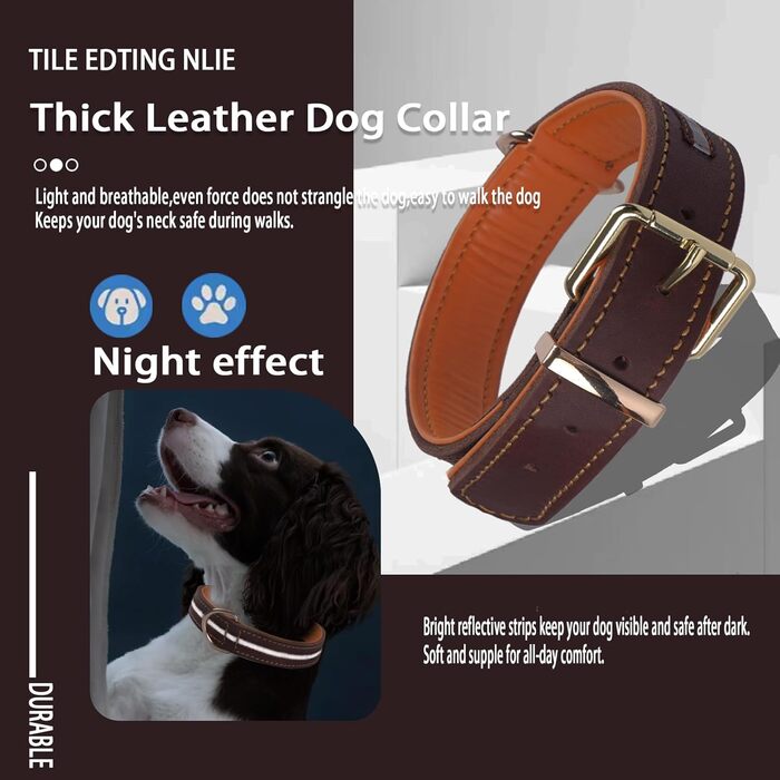 Нашийник для собак з натуральної шкіри, регульований, з м'якою підкладкою, для середніх, великих та екстра-великих порід (колір: коричневий, розмір: M)