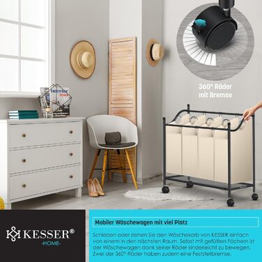 KESSER® Laundry Basket, Laundry Collector, Laundry Sorter with 4 Removable Fabric Bags | 4 Compartments x 35 Liters | Laundry Box with 12 Laundry Instructions, 360° Swivel Wheels with Brake, Laundry Sorting System, Laundry Cart, Beige