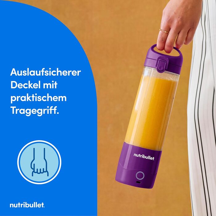 NutriBullet Immersion Blender, Immersion Blender, 475ml BPA-free, Mini-Mixer, Multi-Function Mixer, USB-C Charger, over 15 blending cycles, Violet, NBP003PU Portable Violet