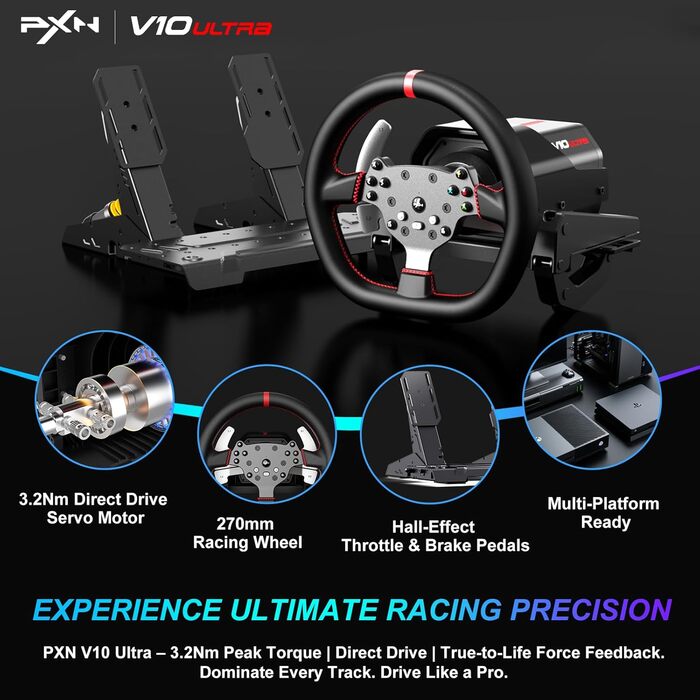 PXN V10 Ultra Gaming Руль для ПК, PS4, Xbox з Direct-Drive та педалями, 270°