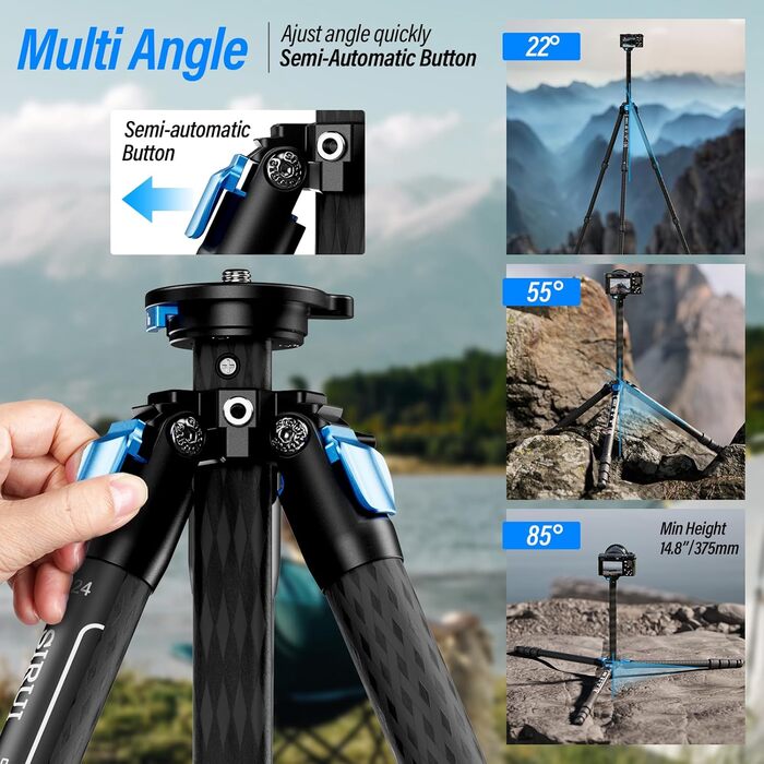 Штатив SIRUI AM124 Carbon з кульковою головкою AM01, легкий туристичний штатив, сумісний з Acra, водонепроникний, 159 см, навантаження 12 кг