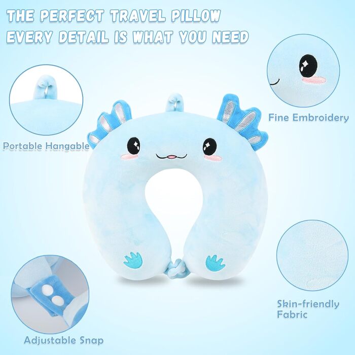 Дитяча подушка для подорожей з маскою для сну, м'яка подушка для шиї з Memory Foam, для дітей, хлопчиків та дівчаток, підлітків, аксесуари для подорожей (Блакитний Аксолотл)