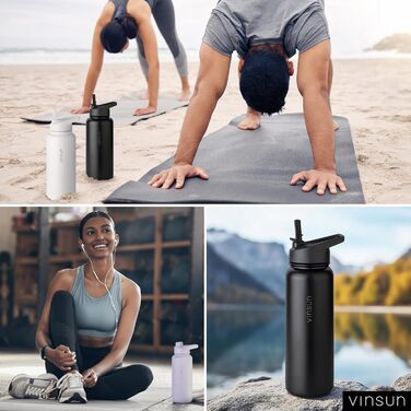 Stainless Steel Water Bottle 1L - Straw, Drinking Opening - Leakproof, Carbonated Drink Compatible, BPA Free - Thermos Flask for Sports, Outdoors, School, University, Cycling, Hiking, Gym (750 ml, Black)