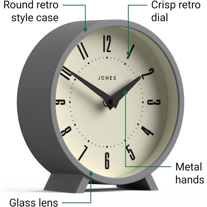 JONES CLOCKS® Desk Clock 'Venus' – modern round design in gray, stylish retro look for shelves, tables, mantels, or bedside tables