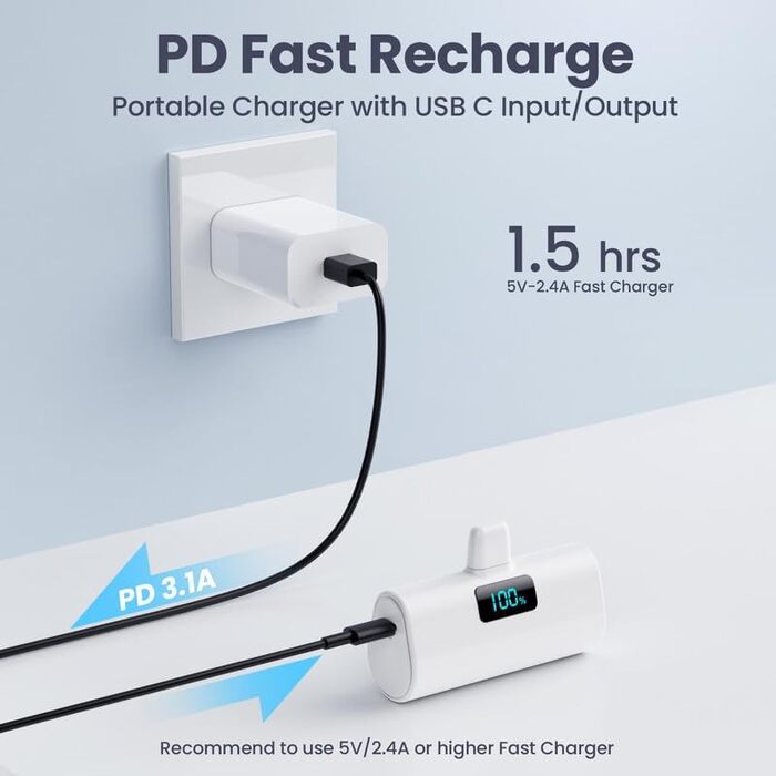 Портативний Power Bank 5200mAh з підтримкою PD 20W для iPhone. Компактний акумулятор з LCD-дисплеєм, сумісний з iPhone 14/13/12/11/XR/XS/8/7/6plus. Білий
