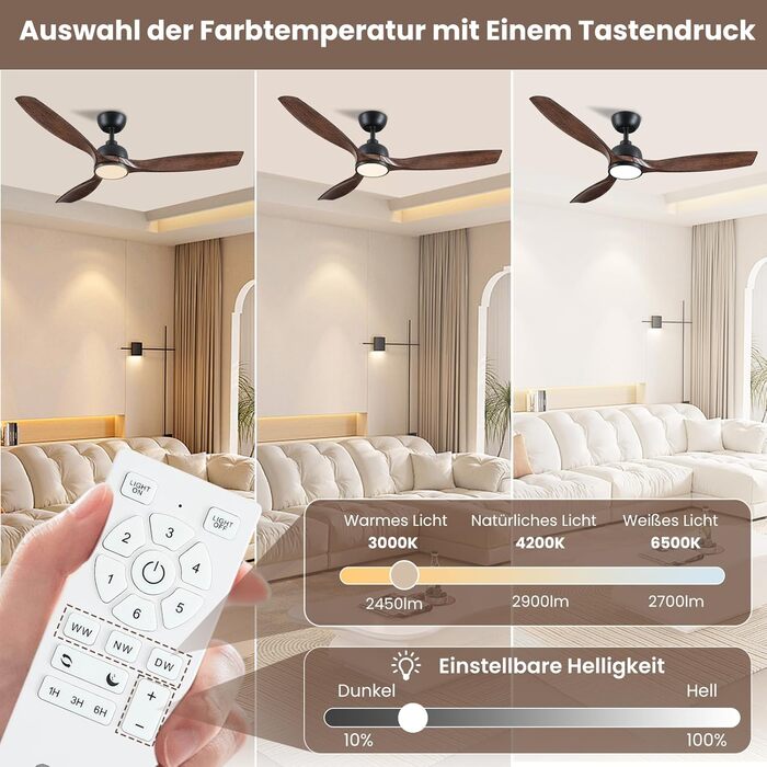 Стеляний вентилятор CJOY з підсвічуванням, 107 см, з пультом керування, тихий, DC, реверсивний, пам'ять 3CCT, диммування, 6 швидкостей, таймер для спальні (132 см - чорне дерево)