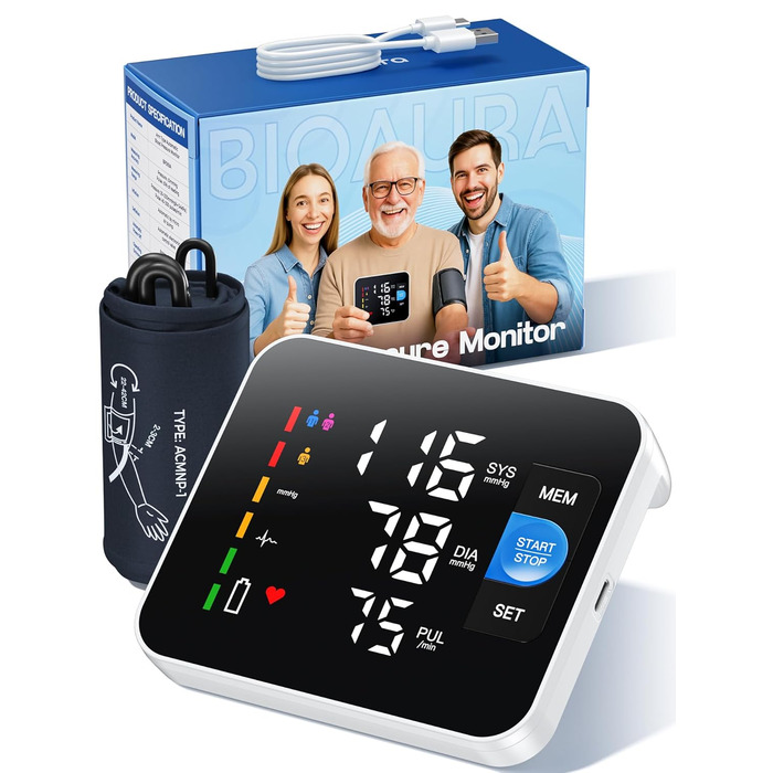 Тонометр на плече Oberarm з голосовим оповіщенням, LED-дисплеєм, для обхвату плеча 22-42 см, пам'ять на 3 користувача, зарядка Type-C, чорний