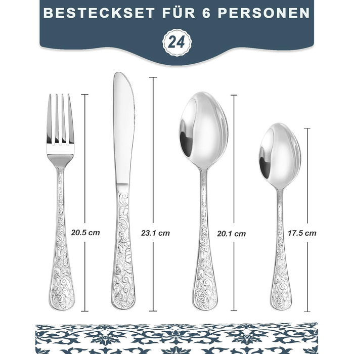 Набір столових приборів Vintage з різьбленням на 6 осіб, нержавіюча сталь, сріблястий (24 предмети) - ложки, виделки, ножі для дому та кухні, поліровані