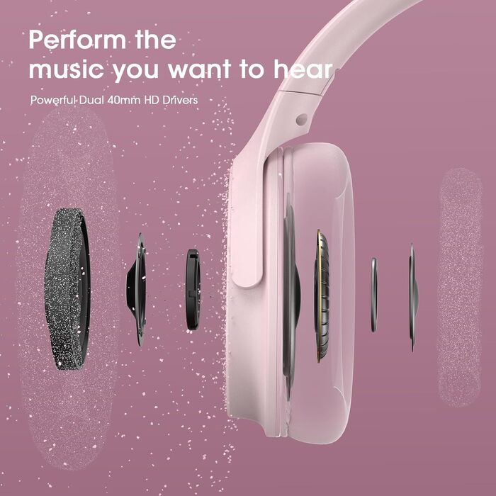 DOQAUS Бездротові навушники Bluetooth, 70 годин роботи, Bluetooth 5.3, Over-Ear, 3 режими EQ, HiFi стерео, з мікрофоном, складні, з м'якими амбушурами, рожеві