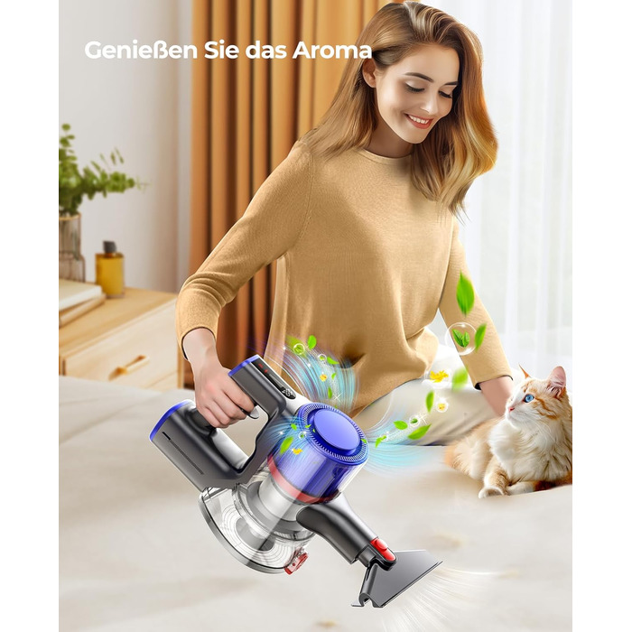 Бездротовий пилосос Fieety 550W з акумулятором, 45000Pa, 60 хвилин роботи, 6-в-1, тихий, з арома-пластиною, для твердих поверхонь, килимів та шерсті тварин