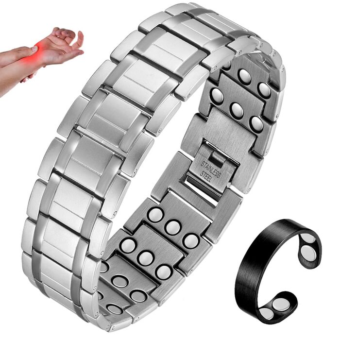 Браслет для лімфодренажу з магнітами для чоловіків, титан, регульований, з інструментом для зняття та подарунковою коробкою (Чорний) (3 ряди срібла)