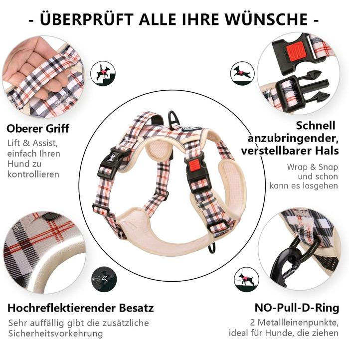 Нашийник для собак PoyPet без натягу, світловідбиваючий, м'який, з легким доступом, для маленьких собак (S, в клітинку, бежевий)