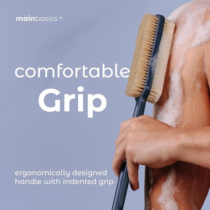 Скребок для спини MainBasics для душу – довга ручка, двостороння щітка для миття тіла та скрабування з пілінгом та м'якими щетинками (Ультрамарин, пластик)