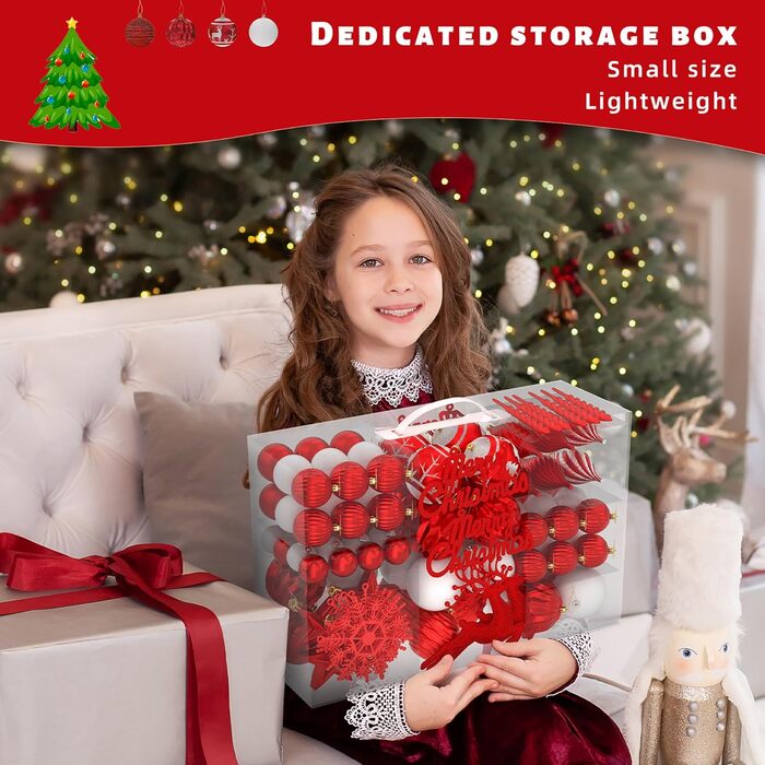 Набір 108 шт. новорічних кулічок Aufun Premium: пластик, верхівка, зірка, безпечні прикраси, багаторазові, кольори: шампань, червоний, срібний