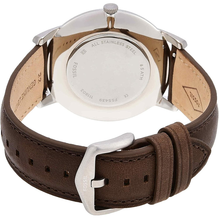 Годинник Fossil для чоловіків The Minimalist 3H, кварцовий механізм, 44 мм, срібляста сталева коробка та шкіряний ремінь, FS5439, білий та коричневий