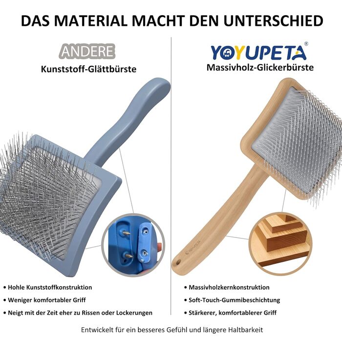 Набір щіток та гребінців для собак та котів з довгим хутром – Slicker Bürste & Kamm Set – проти підшерстка та ковтунів – з нержавіючої сталі 25 мм – дерев'яна ручка & шкіряний етикет – ідеально для Голден Ретріверів та Мейн Кунів