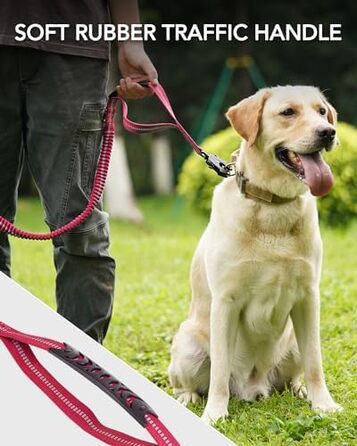 Тактична повідок для собак Joytale, еластична повідок з 2 м'якими ручками, страхувальний ремінь для авто, повідок без ривка для середніх, великих та екстра-великих собак (1.2м-1.8м, світиться рожева)
