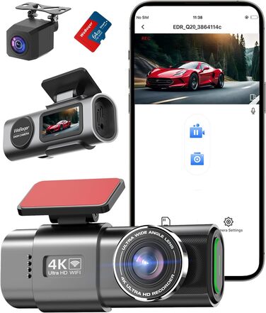 Відеореєстратор у машину 4K+1080P з двома камерами, 64GB SD-карта, 170°+140° кут огляду, нічне бачення, WDR, G-сенсор, Loop-запис, паркувальний режим