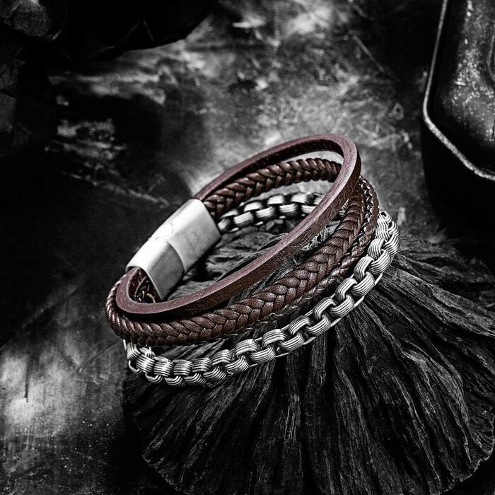 Чоловічий шкіряний браслет Murtoo з нержавіючої сталі з магнітним застібком (20 см, коричневий, срібний)