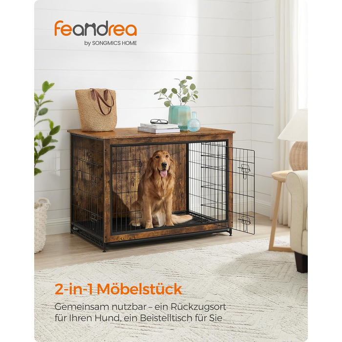 Клітка для собак Feandrea з функцією столику, сучасна собача будка для собак до 36 кг, міцна, для дому, з висувним піддоном, 2 двері, вінтажний коричневий PFC004X01, 112 x 75 x 82 см