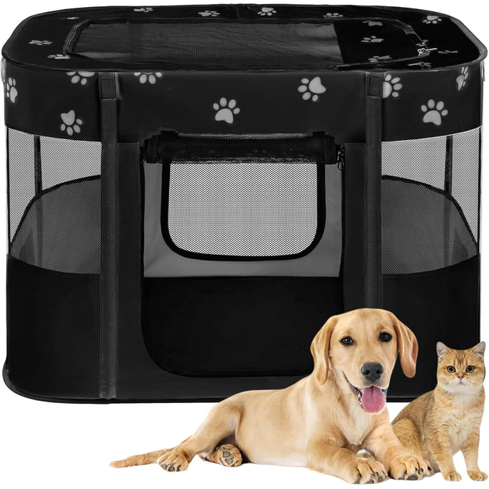 Portable Dog House Pet Pen 90x70x60cm - Foldable Pet Playpen, Crate, Kennel for Cats, Dogs, Puppies (Black)