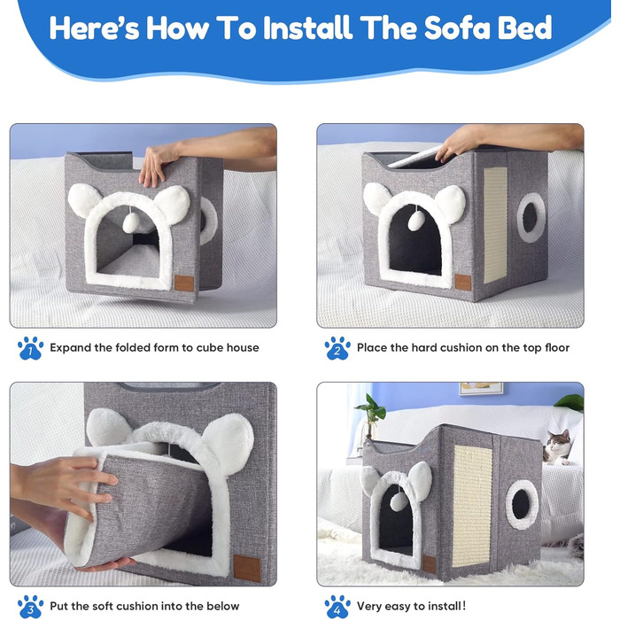 Foldable Cat House, 2-Tier Cat Cave Cube Large Space Cat Bed with Scratching Board and Play Ball for Small to Medium Pets Indoor Retreat 40 * 40 * 35cm Grey