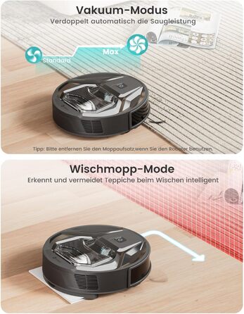 Робот-пилосос LEFANT M320 з функцією миття, потужність 6000 Па, уникнення перешкод, розпізнавання килимів, керування через додаток/Alexa, зона заборони, чорний