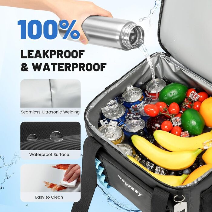 Велика розширювана сумка-холодильник з м'якого матеріалу, двоярусна ланч-сумка для жінок та чоловіків, вміщує 40 банок, вологостійка та портативна – ідеально для пляжу, кемпінгу, подорожей. Чорний колір