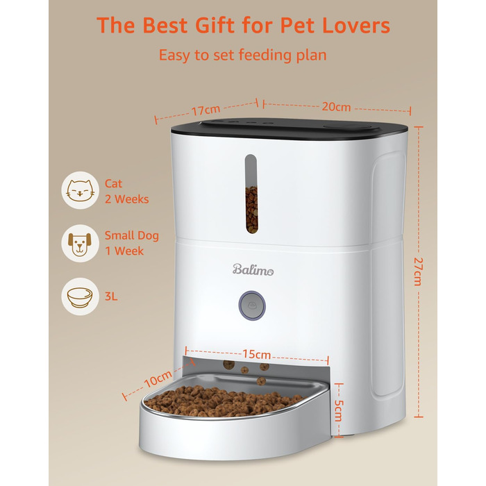 Автоматичний годівниця для котів Balimo 3L з таймером, нічником та мискою з нержавіючої сталі, для собак та котів, Fresh Lock