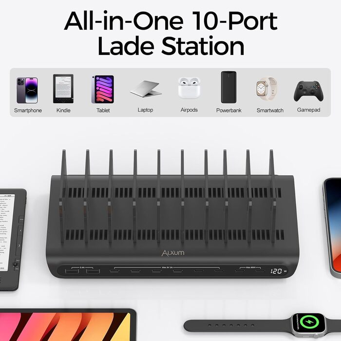 Зарядний пристрій Alxum 60W USB, 10 портів (5V/2.4A) для телефонів, планшетів, Kindle - чорний