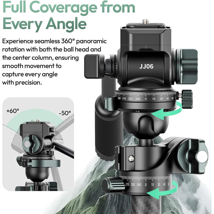 Штатив для камери ULANZI JJ05 GlideGo 184 см з карбону, складний, з поворотним центральним стовпом, легкий туристичний штатив з кульковою головкою 360° та швидкознімною платформою для DSLR, максимальне навантаження 18 кг (JJ06 Відеоштатив)