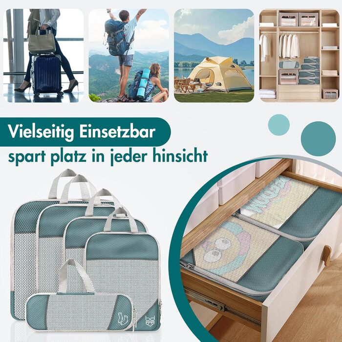 Органайзер для валізи, набір Packing Cubes (9 шт.) з компресією та чохлом для взуття, сірий. Водонепроникні та дихаючі кишені для подорожей та переїзду.