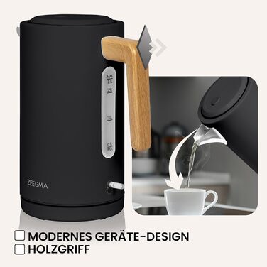 Електричний чайник ZEEGMA KETLEE 1,7 л бездротовий, з нержавіючої сталі, для чаю та кави, 2200 Вт, індикатор рівня води, автоматичне відключення, сучасний дизайн (білий/чорний)