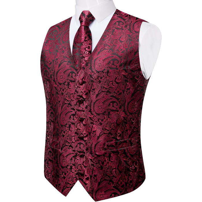 Набір DiBanGu для чоловіків: шовкова жилетка та краватка з візерунком Paisey, бант, формальна жилетка для весілля, вечірки, 6 шт. (L, Бордовий)