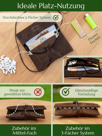 Premium Tobacco Pouch made of Wild Leather - Separate Paper & Filter Compartment - Handcrafted Tobacco Bag - High-Quality Rolling Pouch for Tobacco (Dark Brown)