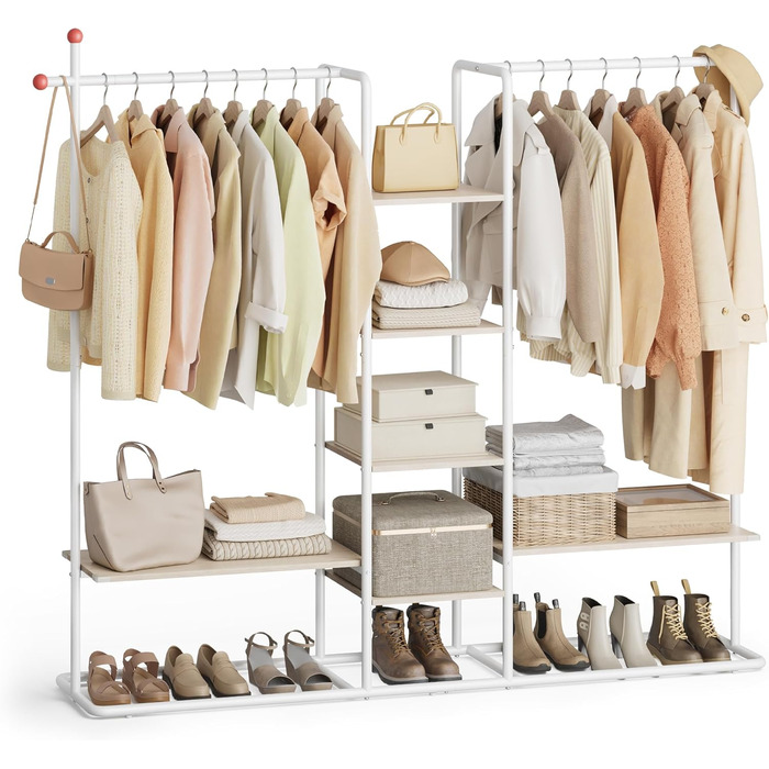 SONGMICS Стійка для одягу з відкритими полицями, 6 поличок, 2 перекладини, гачки, для спальні, приглушено-бежевий + матовий білий, RGR012K01