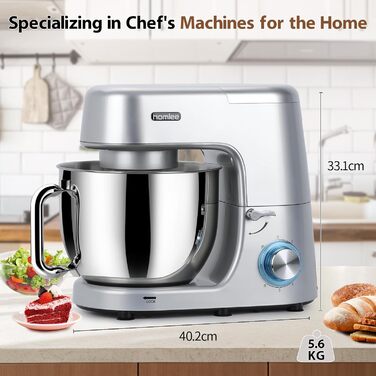 Кухонна машина-міксер 1800W з чашею 7.2L з нержавіючої сталі, 6 швидкостей, низький шум, багатофункціональна (срібна)