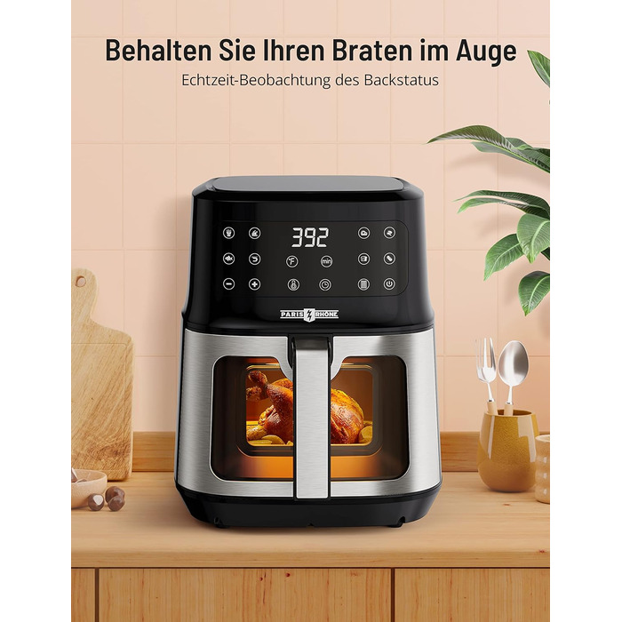 Фритюрниця PARIS RHÔNE з гарячим повітрям 5L XL з оглядовим вікном, 8-в-1, для миття в посудомийній машині, з One-Touch управлінням, антипригарне покриття кошика та знімний піддон