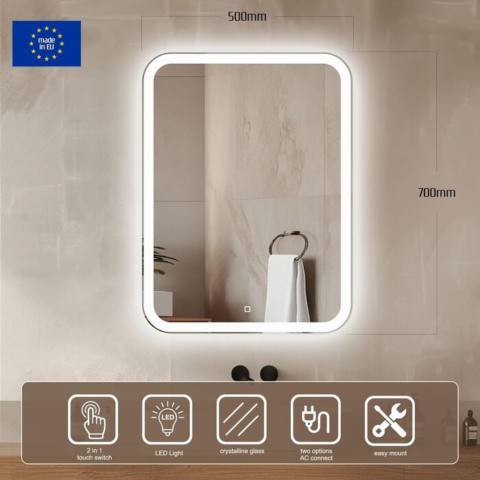 Дзеркало для ванної кімнати Venti 50x70 см з підсвічуванням та сенсорним вимикачем