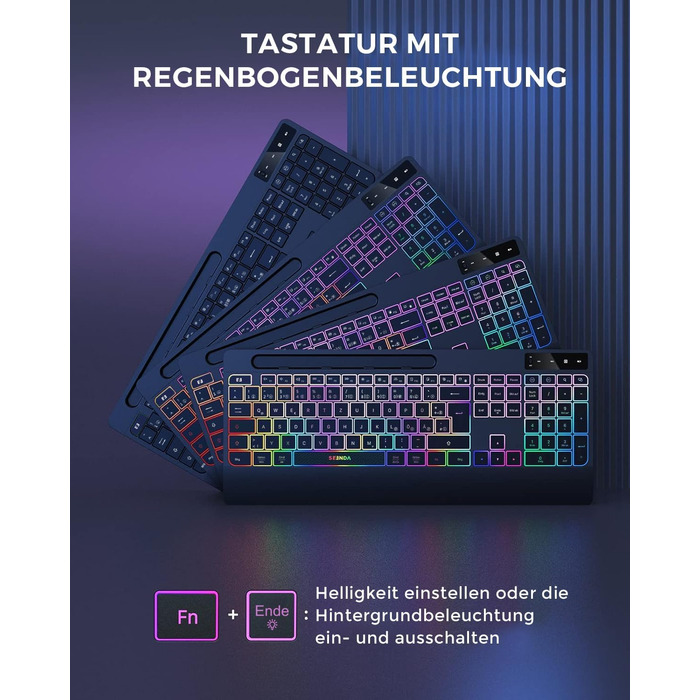 Бездротовий комплект клавіатури та миші Seenda JPX006 з підсвічуванням, USB/Type-C, QWERTZ, з підставкою для телефону та підкладкою для зап'ястя, для PC/Windows/Mac, тихий клік, чорний