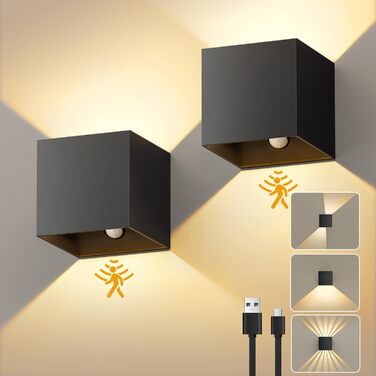 Настінне LED-світильник на акумуляторі NIBSHOOM з датчиком руху, 2 шт. - чорний, регульований, USB-зарядка, диммування