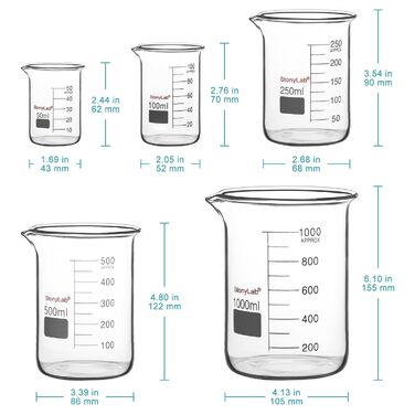 Laboratory Beaker Set, Borosilicate Glass Griffin Beakers with Graduations in Low Form in 5 Sizes, 50ml/100ml/250ml/500ml/1000ml (1L), Combo Pack