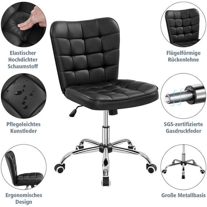 Крісло офісне Yaheetech без підлокітників, обертове, регульоване по висоті, на роликах, з штучної шкіри (чорне)