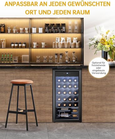 WIE 33 Liter Wine Fridge - 1 Zone Mini Wine Cooler with Glass Door & LED Touch Panel - Anti-UV Wine Storage for 28 Bottles