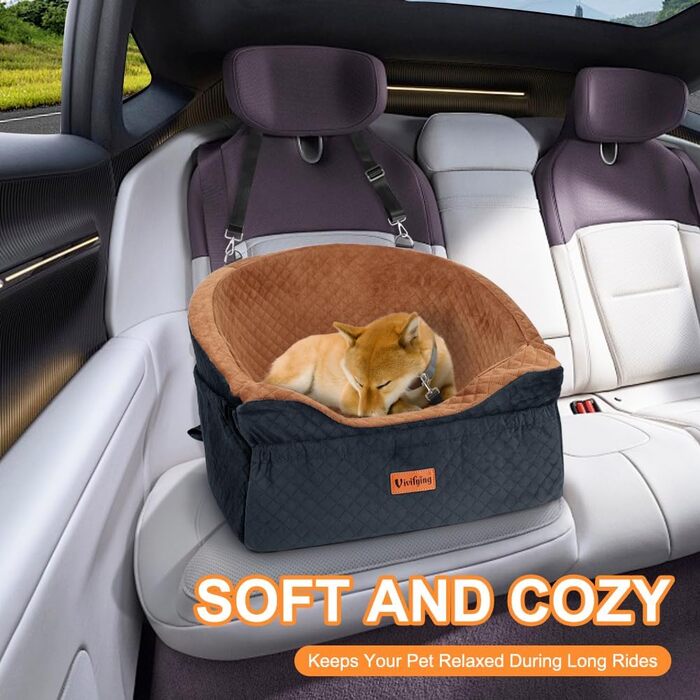 Elevated Dog Car Seat - Washable & Removable for Small & Medium Dogs (Up to 13.6KG) with Storage Pockets & Safety Belt - Black & Brown