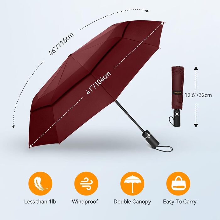 TECKNET Штормовий парасолька: великий автоматичний парасолька з 10 ребрами, 104 см, вітростійкий, компактний, для подорожей, гольф, чоловічий та жіночий (червоний)