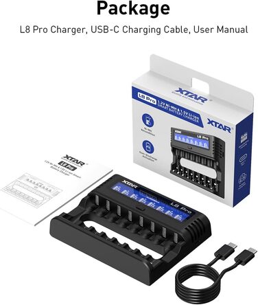 Зарядний пристрій XTAR L8 Pro для AA/AAA NiMH та Li-Ion 1.5V/1.2V з USB-C, LCD дисплеєм та функцією відновлення/ремонту